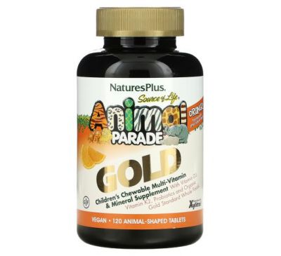 NaturesPlus, Source of Life, Animal Parade Gold, жувальна добавка для дітей з мультивітамінами й мікроелементами, зі смаком натурального апельсина, 120 таблеток у формі тварин