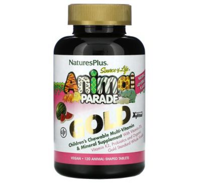 NaturesPlus, Source of Life, Animal Parade Gold, жувальна мультивітамінна добавка з мікроелементами для дітей, зі смаком кавуна, 120 таблеток у формі тварин