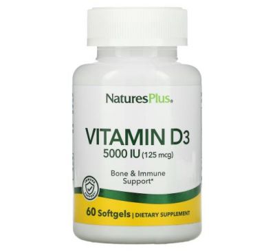 NaturesPlus, Vitamin D3, 125 mcg (5,000 IU), 60 Softgels