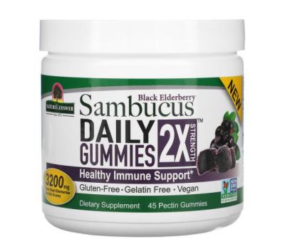 Nature's Answer, Black Elderberry Sambucus Daily Gummies, 2X Strength, 3,200 mg, 45 Pectin Gummies