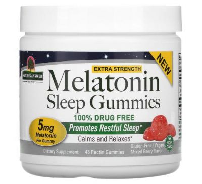 Nature's Answer, Мелатониновые жевательные таблетки для сна, повышенной силы, ягодная смесь, 5 мг, 45 жевательных таблеток с пектином