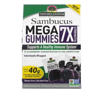 Nature's Answer, Sambucus Mega Gummies 7X Strength, Black Elderberry, 30 Gelatin Free/Vegan Gummies
