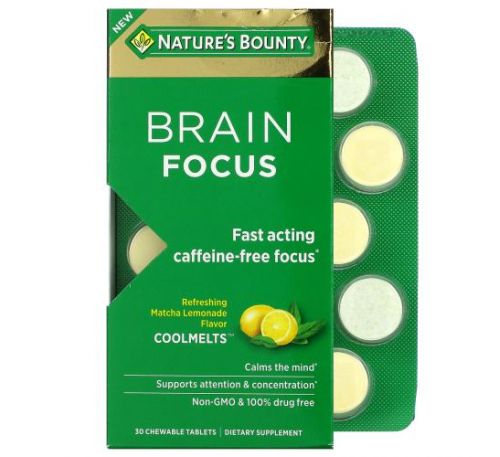Nature's Bounty, Brain Focus Coolmelts, Match Lemonade, Caffeine-Free, 30 Chewable Tablets