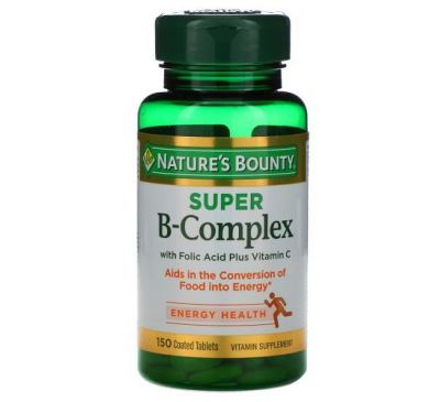 Nature's Bounty, супер комплекс вітамінів В з фолієвою кислотою та вітаміном С, 150 таблеток, вкритих оболонкою
