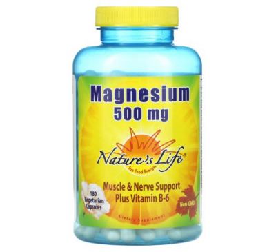 Nature's Life, магний и витамин B6, 500 мг, 180 вегетарианских капсул