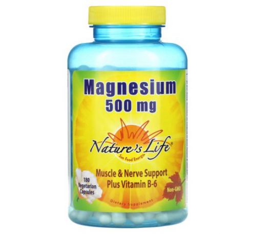Nature's Life, магний и витамин B6, 500 мг, 180 вегетарианских капсул