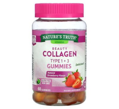 Nature's Truth, Beauty Collagen, жевательные мармеладки с коллагеном, типы 1 и 3, натуральная клубника, 60 жевательных таблеток