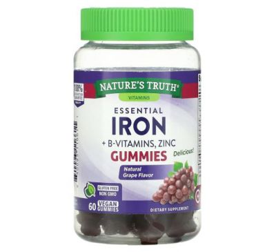 Nature's Truth, Essential Iron + B-Vitamins, Zinc, Natural Grape , 60 Vegan Gummies