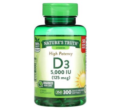 Nature's Truth, Высокоэффективный витамин D3, 125 мкг (5000 МЕ), 300 капсул быстрого высвобождения