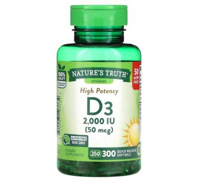 Nature's Truth, High Potency Vitamin D3, 50 mcg (2,000 IU), 300 Quick Release Softgels