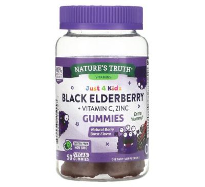 Nature's Truth, Just 4 Kids, Black Elderberry + Vitamin C, Zinc, Natural Berry Burst, 50 Vegan Gummies