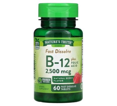 Nature's Truth, Vitamin B-12 plus Folic Acid, Natural Berry, 2,500 mcg, 60  Fast Dissolve Tablets