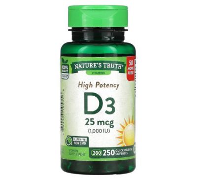 Nature's Truth, Vitamin D3, 25 mcg (1,000 IU), 250 Quick Release Softgels