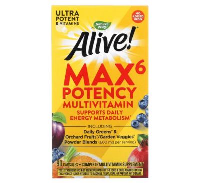 Nature's Way, Alive! Max6 Potency Multivitamin, No Added Iron, 90 Capsules
