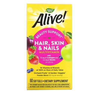 Nature's Way, Alive! мультивітаміни для волосся, шкіри та нігтів, зі смаком полуниці, 60 капсул