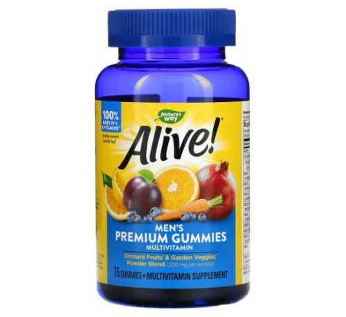 Nature's Way, Alive! жувальні мультивітаміни преміальної якості для чоловіків, зі смаком апельсина, винограду та вишні, 75 жувальних цукерок