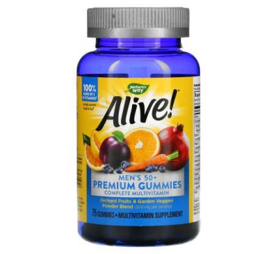 Nature's Way, Alive! полный комплекс мультивитаминов премиального качества для мужчин старше 50 лет, со вкусом апельсина, винограда и вишни, 75 жевательных конфет