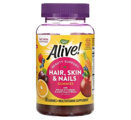 Nature's Way, Alive! жувальні таблетки для здоров’я волосся, шкіри та нігтів, зі смаком полуниці, 60 жувальних таблеток