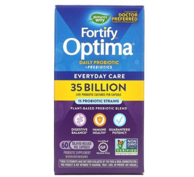 Nature's Way, Fortify Optima, препарат с пробиотиками и пребиотиками для приема каждый день, 35 млрд КОЕ, 60 вегетарианских капсул с отсроченным высвобождением
