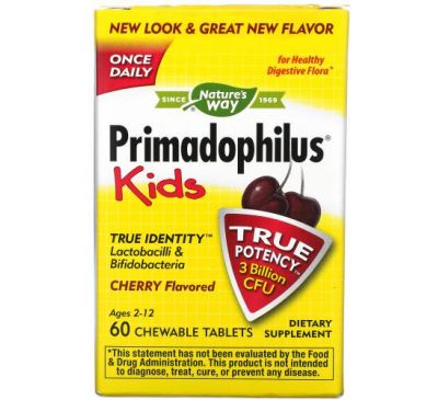 Nature's Way, Primadophilus, для дітей віком 2–12 років, зі смаком вишні, 60 жувальних таблеток
