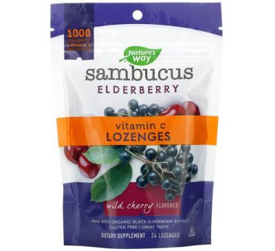 Nature's Way, Sambucus Elderberry, Vitamin C Lozenges, Wild Cherry Flavored, 24 Lozenges