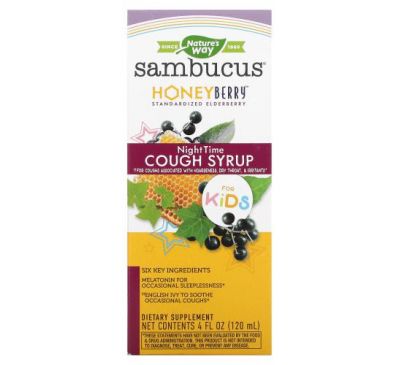 Nature's Way, Sambucus for Kids,  HoneyBerry NightTime Cough Syrup, 4 fl oz (120 ml)