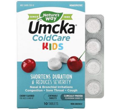 Nature's Way, Umcka, ColdCare Kids, For Ages 6 and Up, Cherry Flavored, 10 Chewable Tablets