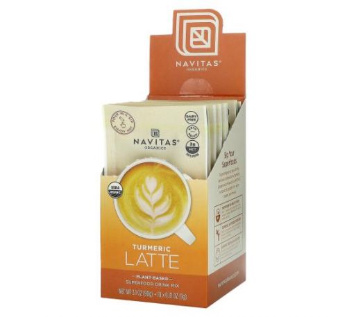 Navitas Organics, Latte Superfood Drink Mix, Turmeric, 10 Packets, 0.31 oz (9 g) Each