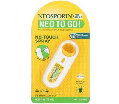 Neosporin, + Полегшення болю, Neo To Go, антисептик/знеболюючий засіб першої допомоги, 7,7 мл (0,26 рідк. унції)