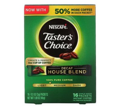 Nescafé, Taster's Choice, Instant Coffee, House Blend, Light/Medium Roast, Decaf, 16 Packets, 0.1 oz (3 g) Each