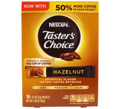 Nescafé, Taster's Choice, Instant Coffee Beverage, Hazelnut, Medium/Dark Roast, 16 Packets, 0.1 oz (3 g) Each