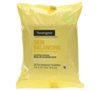 Neutrogena, Skin Balancing, мицеллярная очищающая салфетка, 25 предварительно увлажненных салфеток