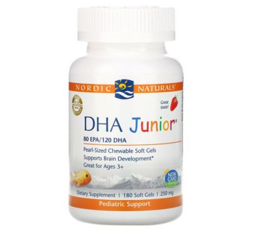 Nordic Naturals, DHA Junior, Great for Ages 3+, Strawberry, 62.5 mg, 180 Soft Gels