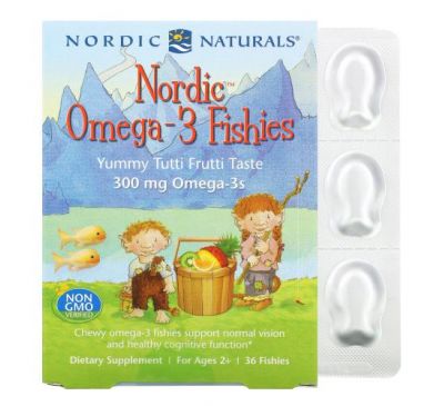 Nordic Naturals, Nordic Omega-3 Fishies, кислоти омега-3 для дітей від 2 років з приємним фруктовим смаком, 300 мг, 36 жувальних таблеток у формі рибок