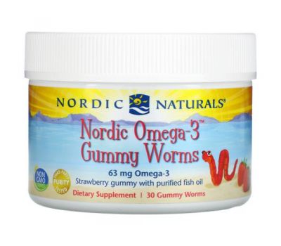 Nordic Naturals, Nordic Omega-3 Gummy Worms, Strawberry Gummy, 63 mg, 30 Gummy Worms