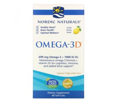 Nordic Naturals, Omega-3D, Lemon, 1000 mg, 60 Soft Gels