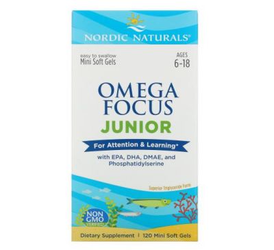 Nordic Naturals, Omega Focus Junior, добавка з омега-кислотами для дітей віком 6–18 років, 120 мінікапсул