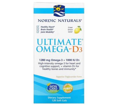 Nordic Naturals, Ultimate Омега D3, лимон, 640 мг, 120 капсул