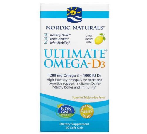 Nordic Naturals, Ultimate Омега D3, лимон, 640 мг, 60 капсул