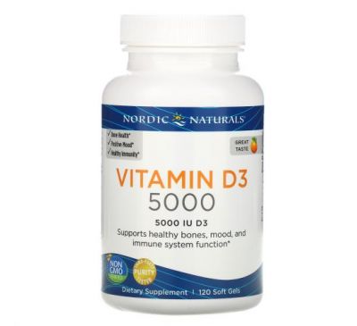 Nordic Naturals, Витамин D3 5000, со вкусом апельсина, 5000 МЕ, 120 мягких желатиновых капсул