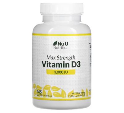 Nu U Nutrition, Витамин D3 максимальной силы действия, 3000 МЕ, 365 мягких капсул