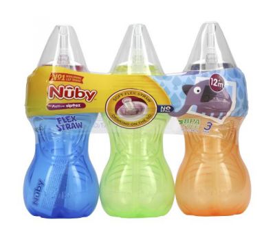 Nuby, No Spill Flexi Straw Gripper Cup, Netural, 3 Pack