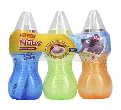 Nuby, No Spill FlexStraw Cups, 12+Months, Neutral, 3 Pack, 10 oz (300 ml) Each
