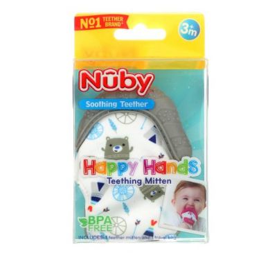 Nuby, Soothing Teether, Happy Hands Teething Mitten, 3+ Months, Bears, 2 Piece Set