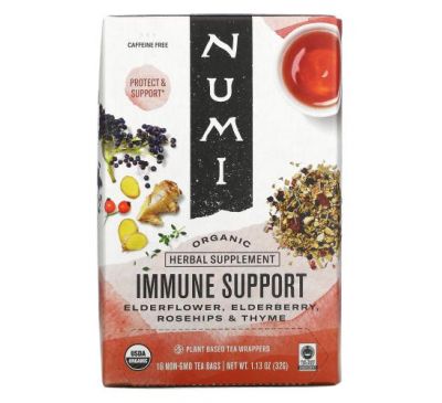 Numi Tea, Organic, Immune Support, Caffeine Free, 16 Non-GMO Tea Bags, 1.13 oz (32 g)