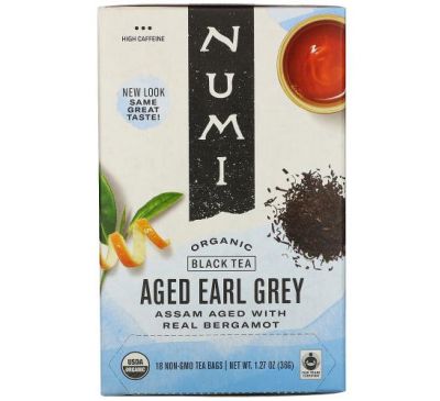 Numi Tea, Органический черный чай, выдержанный Эрл Грей, 18 чайных пакетиков, 1,27 унции (36 г)