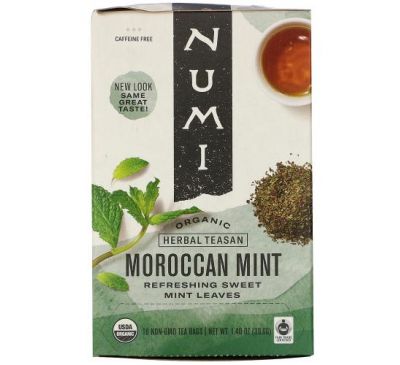 Numi Tea, Organic Herbal Teasan, марокканская мята, без кофеина, 18 чайных пакетиков, 39,6 г (1,40 унции)