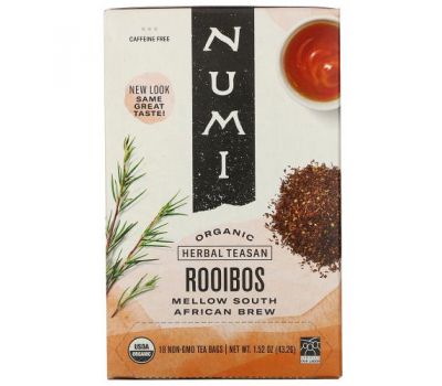 Numi Tea, Organic Herbal Teasan, Rooibos, Caffeine Free, 18 Tea Bags, 1.52 oz (43.2 g)