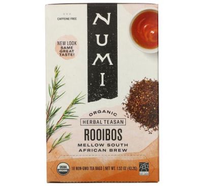 Numi Tea, Organic Herbal Teasan, Rooibos, Caffeine Free, 18 Tea Bags, 1.52 oz (43.2 g)
