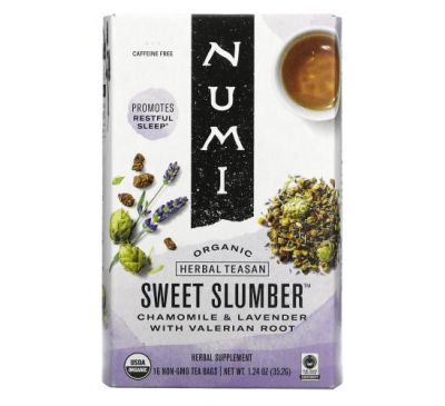 Numi Tea, Organic Herbal Teasan, Sweet Slumber, Caffeine Free, 16 Tea Bags, 1.24 oz (35.2 g)